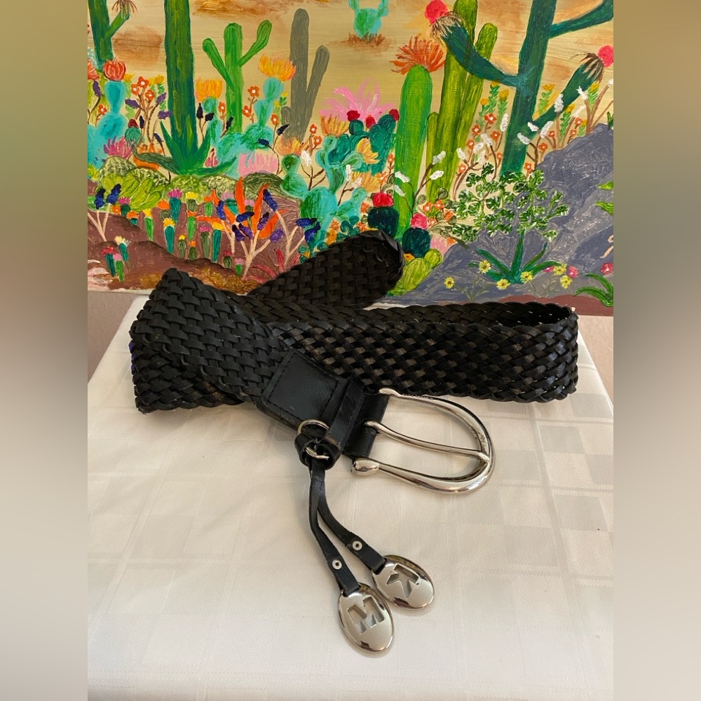 Michael Kors Black Woven Leather Women’s Wide Belt with Silver Accents, Med/Larg